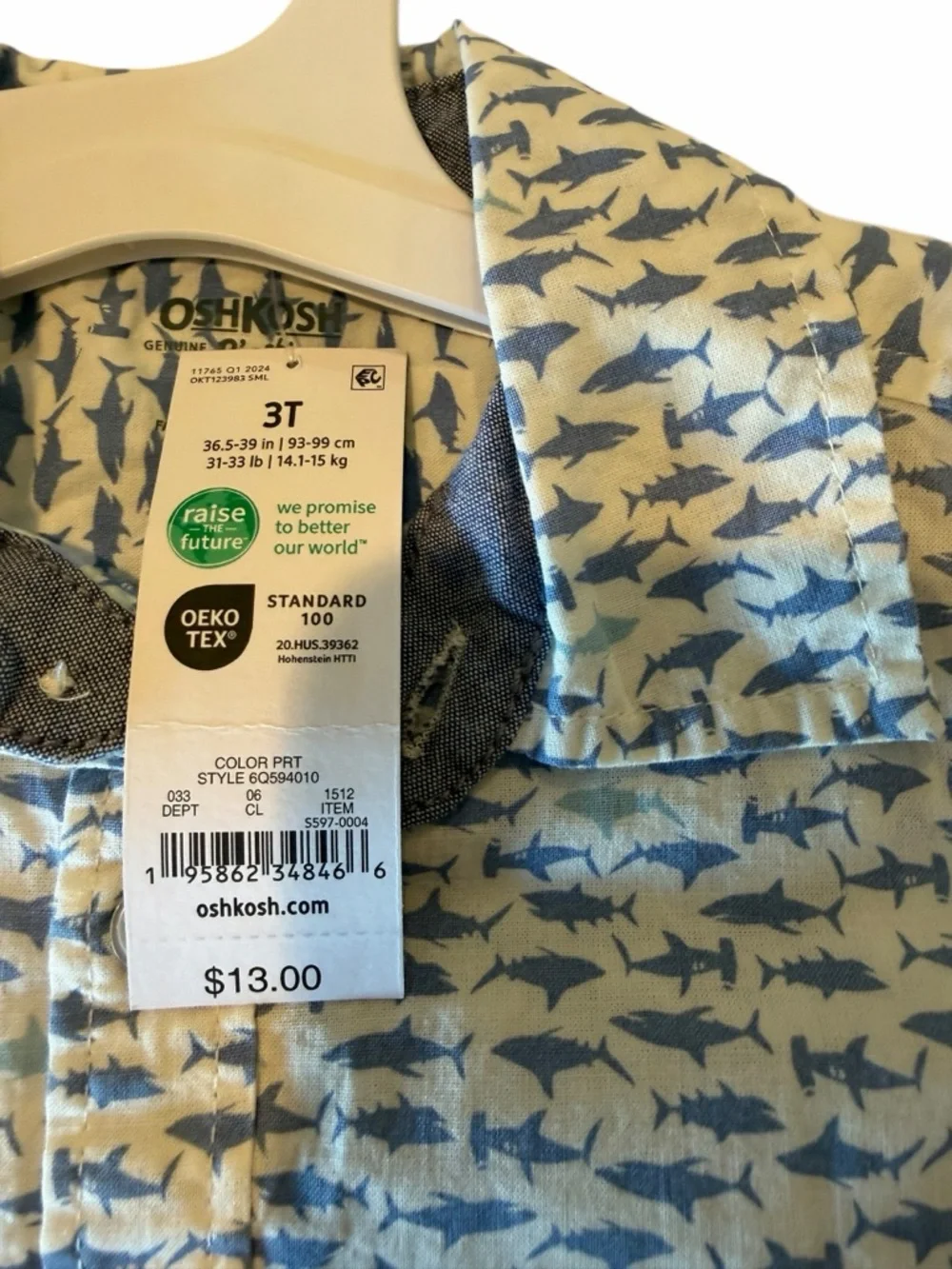OshKosh Shark Print Button Front Shirt 3T NWT Blue White Cotton Toddler